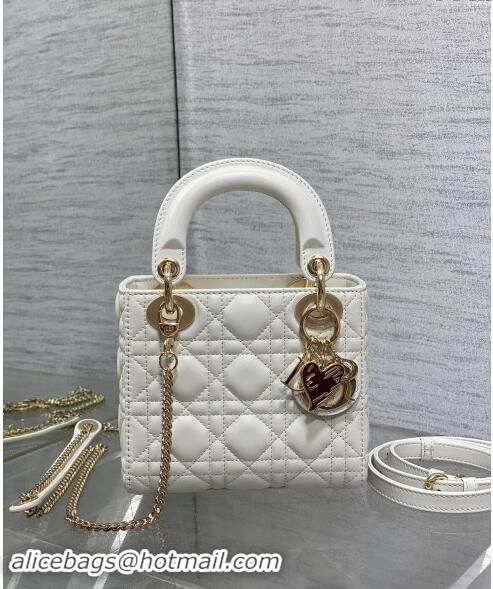 Top Grade Dior Dioramour Mini Lady Dior Bag in Cannage Lambskin with Heart Charm 1095 White 2024