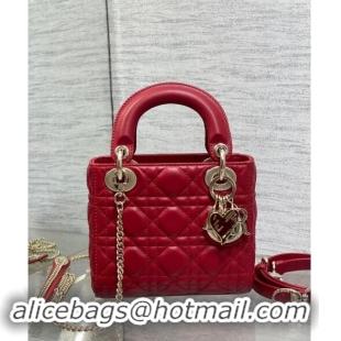 Best Quality Dior Dioramour Mini Lady Dior Bag in Cannage Lambskin with Heart Charm 1095 Red 2024