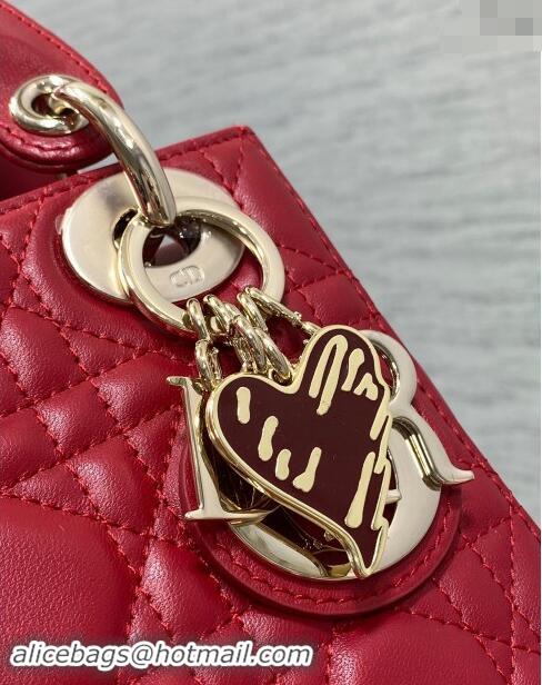 Best Quality Dior Dioramour Mini Lady Dior Bag in Cannage Lambskin with Heart Charm 1095 Red 2024