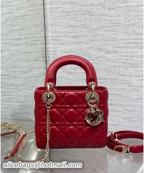 Best Quality Dior Dioramour Mini Lady Dior Bag in Cannage Lambskin with Heart Charm 1095 Red 2024