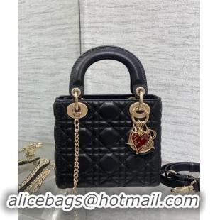 Low Cost Dior Dioramour Mini Lady Dior Bag in Cannage Lambskin with Heart Charm 1095 Black 2024