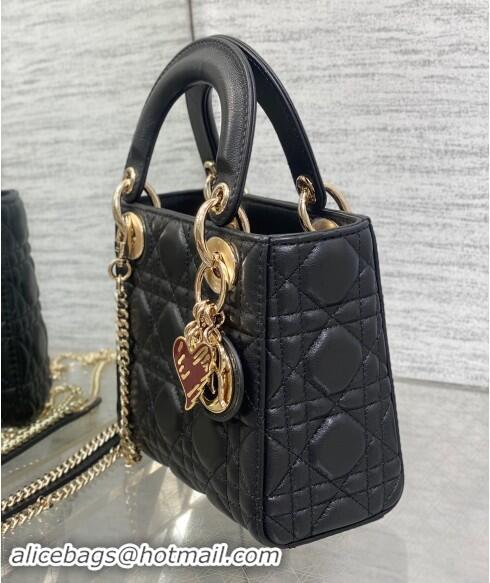 Low Cost Dior Dioramour Mini Lady Dior Bag in Cannage Lambskin with Heart Charm 1095 Black 2024