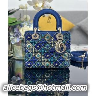 Top Quality Dior Small Lady Bag in Satin Embroidered with Beads and Strass M0538 Blue 2024