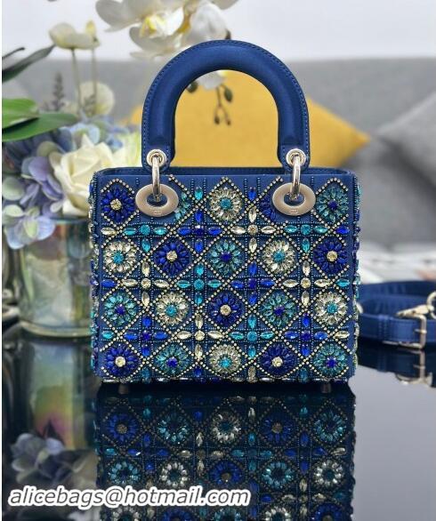 Top Quality Dior Small Lady Bag in Satin Embroidered with Beads and Strass M0538 Blue 2024