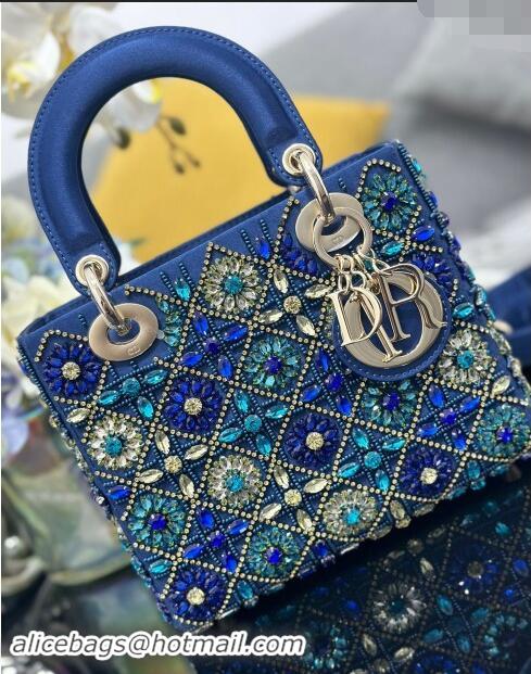 Top Quality Dior Small Lady Bag in Satin Embroidered with Beads and Strass M0538 Blue 2024