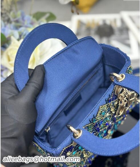 Top Quality Dior Small Lady Bag in Satin Embroidered with Beads and Strass M0538 Blue 2024