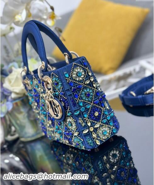 Top Quality Dior Small Lady Bag in Satin Embroidered with Beads and Strass M0538 Blue 2024