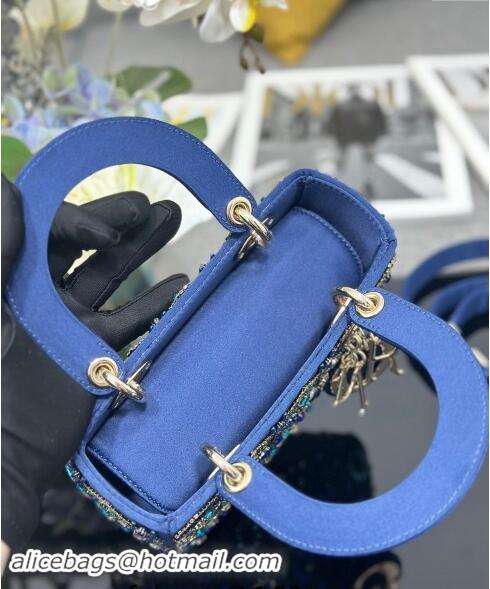 Top Quality Dior Small Lady Bag in Satin Embroidered with Beads and Strass M0538 Blue 2024