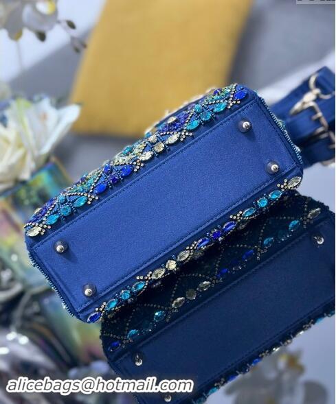 Top Quality Dior Small Lady Bag in Satin Embroidered with Beads and Strass M0538 Blue 2024