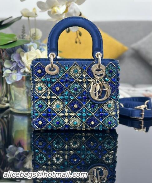 Top Quality Dior Small Lady Bag in Satin Embroidered with Beads and Strass M0538 Blue 2024