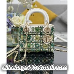 Best Price Dior Mini Lady Bag in White Satin Embroidered with Beads and Strass M0505 Green 2024