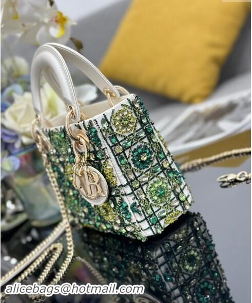 Best Price Dior Mini Lady Bag in White Satin Embroidered with Beads and Strass M0505 Green 2024