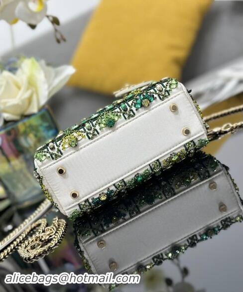 Best Price Dior Mini Lady Bag in White Satin Embroidered with Beads and Strass M0505 Green 2024