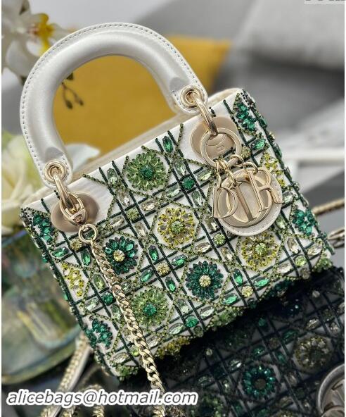 Best Price Dior Mini Lady Bag in White Satin Embroidered with Beads and Strass M0505 Green 2024