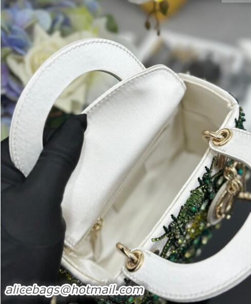 Best Price Dior Mini Lady Bag in White Satin Embroidered with Beads and Strass M0505 Green 2024