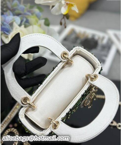 Best Price Dior Mini Lady Bag in White Satin Embroidered with Beads and Strass M0505 Green 2024