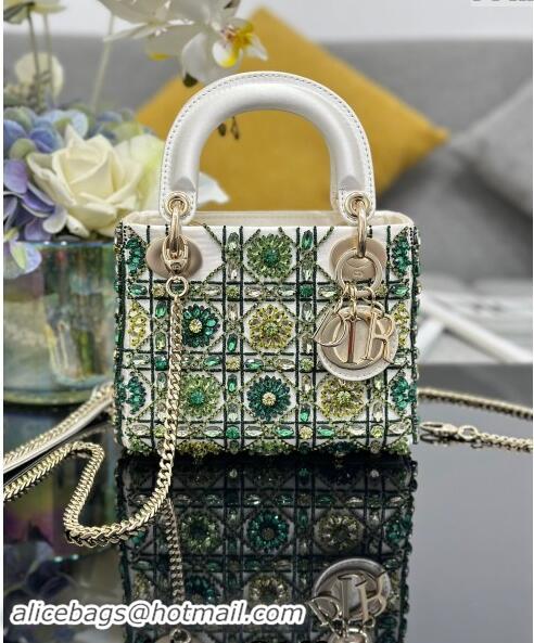 Best Price Dior Mini Lady Bag in White Satin Embroidered with Beads and Strass M0505 Green 2024