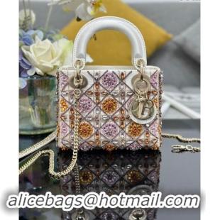 Well Crafted Dior Mini Lady Bag in White Satin Embroidered with Beads and Strass M0505 Pink 2024