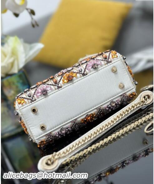 Well Crafted Dior Mini Lady Bag in White Satin Embroidered with Beads and Strass M0505 Pink 2024