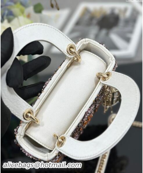 Well Crafted Dior Mini Lady Bag in White Satin Embroidered with Beads and Strass M0505 Pink 2024