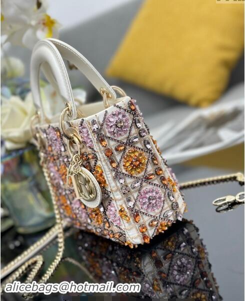 Well Crafted Dior Mini Lady Bag in White Satin Embroidered with Beads and Strass M0505 Pink 2024