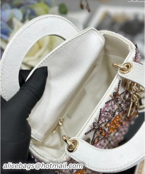 Well Crafted Dior Mini Lady Bag in White Satin Embroidered with Beads and Strass M0505 Pink 2024