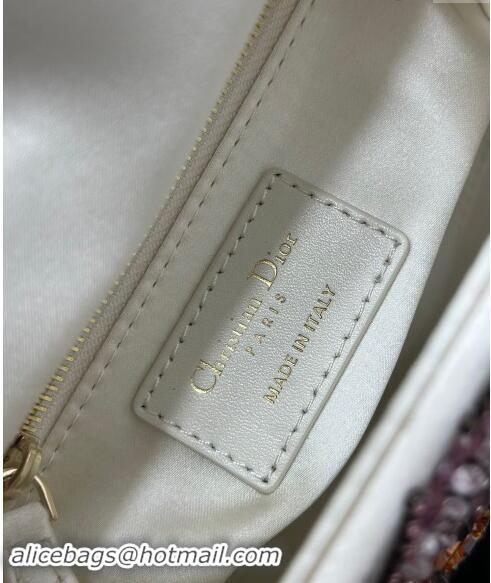 Well Crafted Dior Mini Lady Bag in White Satin Embroidered with Beads and Strass M0505 Pink 2024