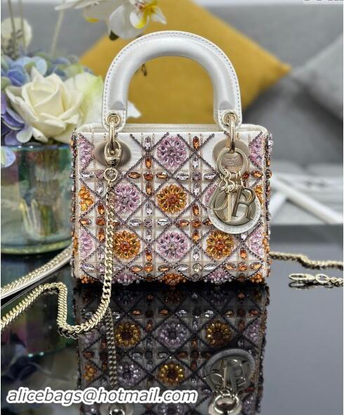 Well Crafted Dior Mini Lady Bag in White Satin Embroidered with Beads and Strass M0505 Pink 2024