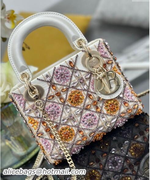 Well Crafted Dior Mini Lady Bag in White Satin Embroidered with Beads and Strass M0505 Pink 2024