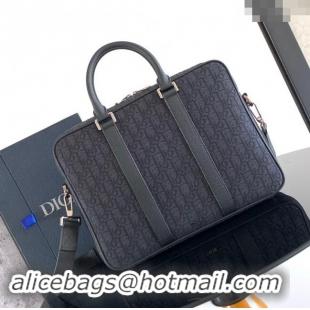 Grade Design Dior Mens Zipped Briefcase in Black Dior Oblique Jacquard and Black Grained Calfskin H03E 2024