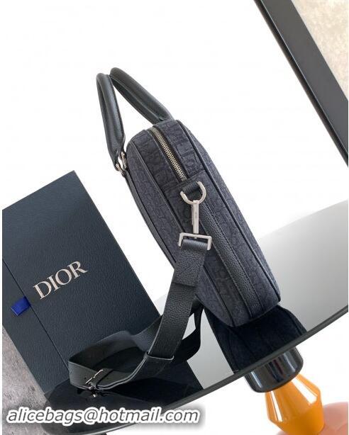 Grade Design Dior Mens Zipped Briefcase in Black Dior Oblique Jacquard and Black Grained Calfskin H03E 2024