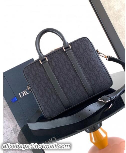 Grade Design Dior Mens Zipped Briefcase in Black Dior Oblique Jacquard and Black Grained Calfskin H03E 2024