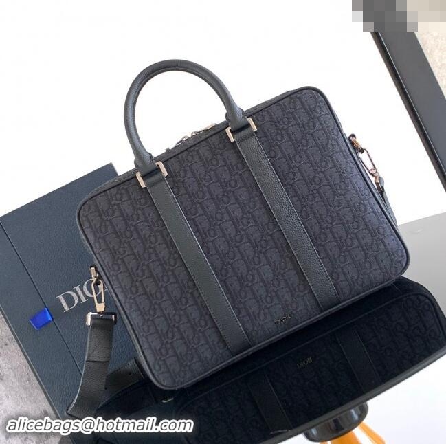 Grade Design Dior Mens Zipped Briefcase in Black Dior Oblique Jacquard and Black Grained Calfskin H03E 2024