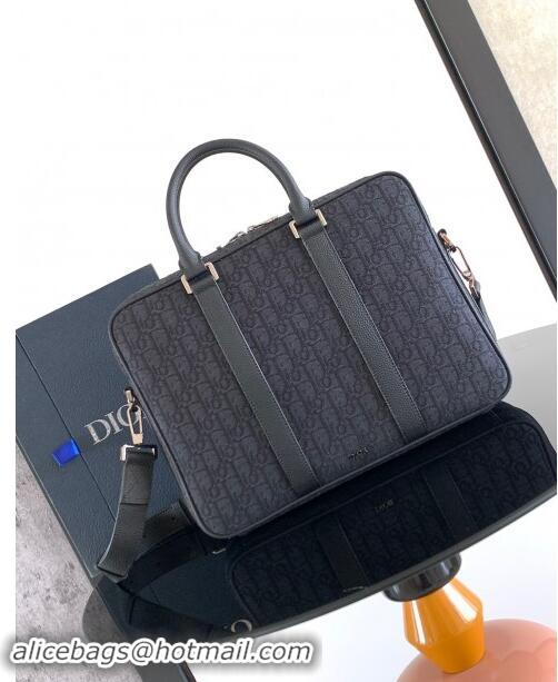 Grade Design Dior Mens Zipped Briefcase in Black Dior Oblique Jacquard and Black Grained Calfskin H03E 2024