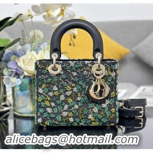 Best Price Dior Small Lady Dior Bag in Black Satin Embroidered with Green Beads M0538 2024