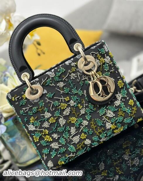 Best Price Dior Small Lady Dior Bag in Black Satin Embroidered with Green Beads M0538 2024