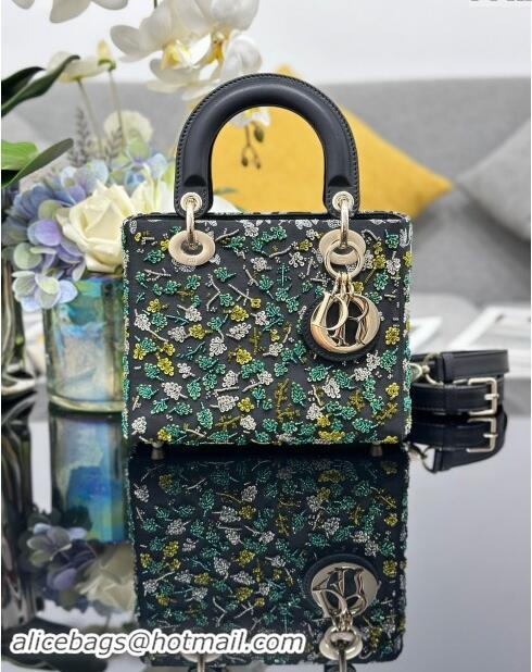 Best Price Dior Small Lady Dior Bag in Black Satin Embroidered with Green Beads M0538 2024