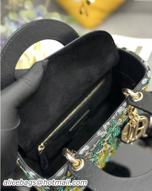 Best Price Dior Small Lady Dior Bag in Black Satin Embroidered with Green Beads M0538 2024