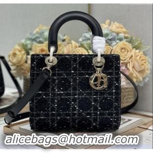 Top Grade Dior Medium Lady Dior Bag in Cannage Tweed 0565 Black 2024