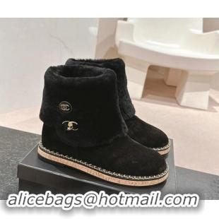 Good Product Chanel Suede & Wool Fur Wood Ankle Boots Black 1016083