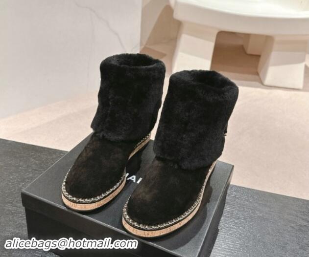 Good Product Chanel Suede & Wool Fur Wood Ankle Boots Black 1016083