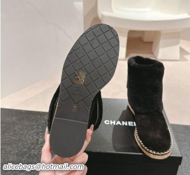 Good Product Chanel Suede & Wool Fur Wood Ankle Boots Black 1016083