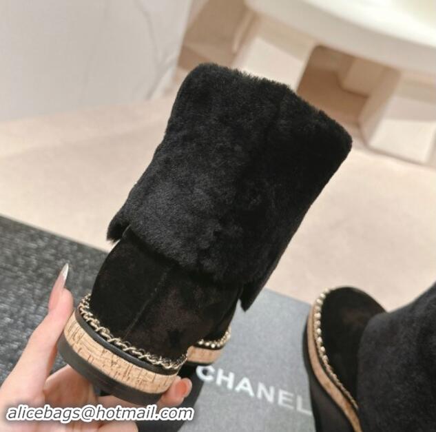 Good Product Chanel Suede & Wool Fur Wood Ankle Boots Black 1016083