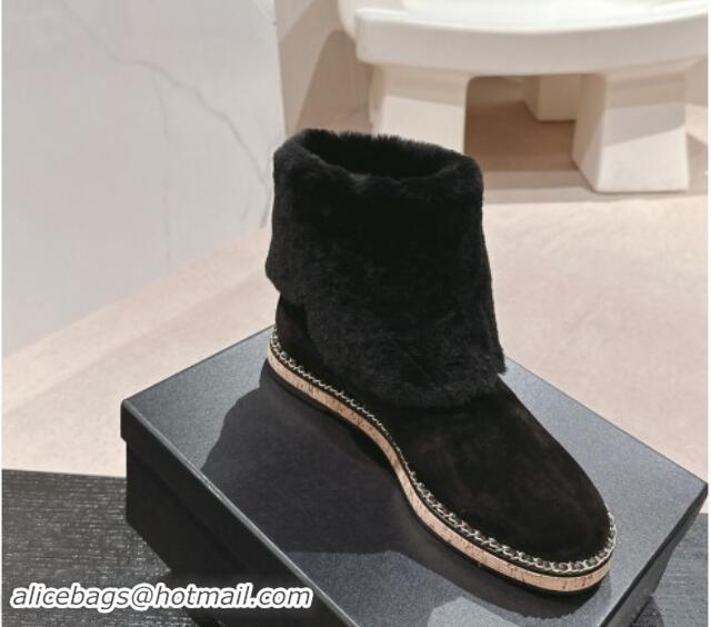 Good Product Chanel Suede & Wool Fur Wood Ankle Boots Black 1016083