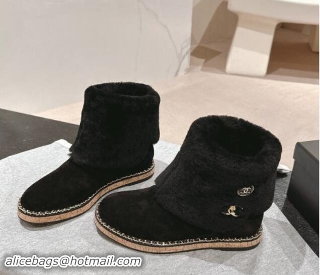 Good Product Chanel Suede & Wool Fur Wood Ankle Boots Black 1016083