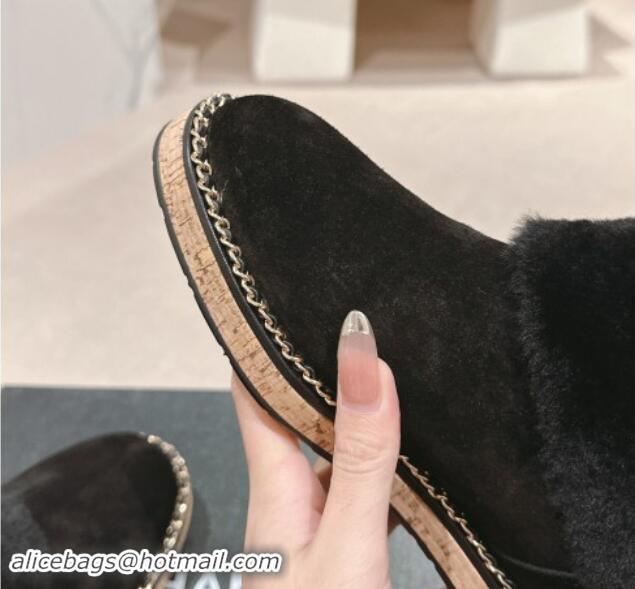 Good Product Chanel Suede & Wool Fur Wood Ankle Boots Black 1016083