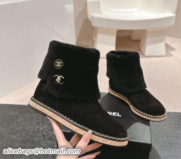 Good Product Chanel Suede & Wool Fur Wood Ankle Boots Black 1016083