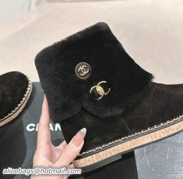 Good Product Chanel Suede & Wool Fur Wood Ankle Boots Black 1016083