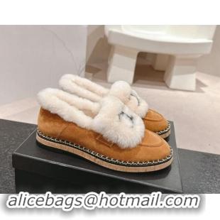 Good Quality Chanel Suede & Wool Fur Wood Loafers Brown 1016084