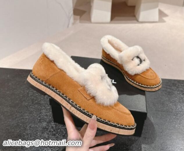 Good Quality Chanel Suede & Wool Fur Wood Loafers Brown 1016084